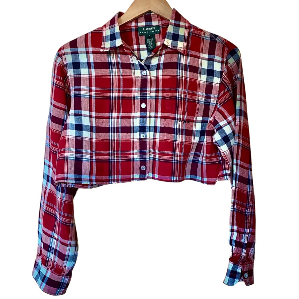 Linen Lauren Ralph Lauren Cropped Red White & Blue Long Sleeve Button Up L
